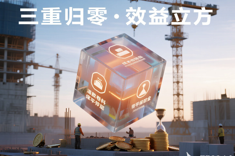 成本效益可视化 _三重归零 · 效益立方_ 立体透明魔方悬浮空中：三个面...