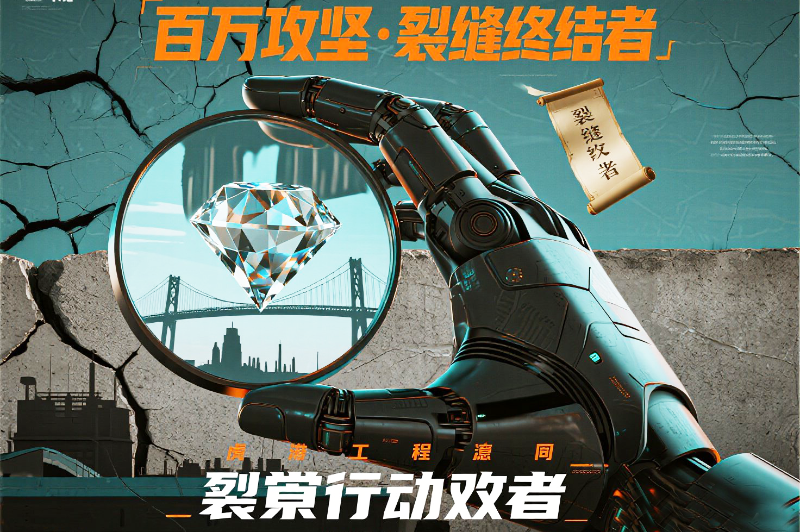 悬赏行动号召 _百万攻坚 · 裂缝终结者_ 金属机械臂握持钻石放大镜聚焦...