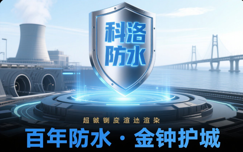 1百年防水 · 金钟护城_ 金属质感的盾形徽章科洛防水字样悬浮于混凝土断面之上，...